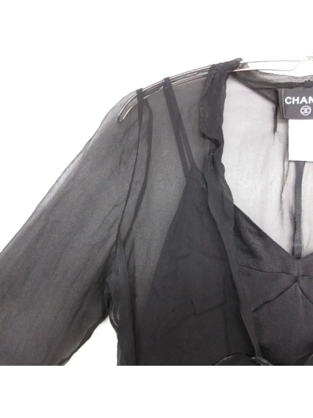 Chanel Set Vintage Silk 100% Sheer Chiffon Dress Back Zip Straight Black